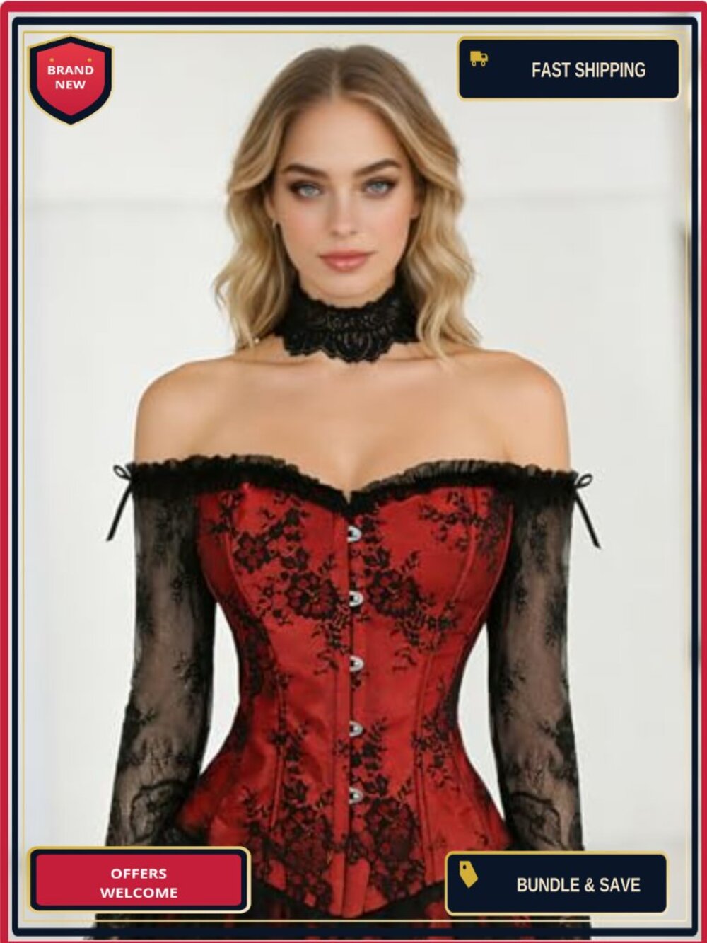 Emprier Women's Lace Corset Top Gothic Long Sleeve Bustier Off Shoulder - Picture 5 of 5